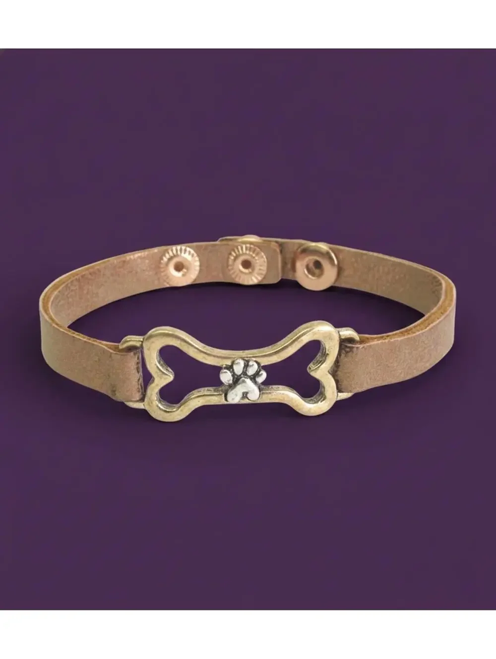 Leather Dog Bone Charm Bracelet with Paw Print Accent